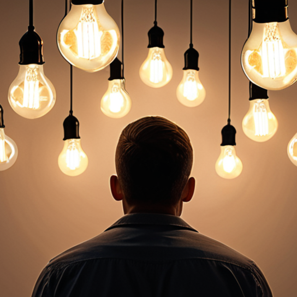 ** A person thoughtfully reflecting, surrounded by glowing lightbulbs representing self-awareness, with keywords floating around them: "strengths," "weaknesses," "values," "beliefs." The scene should evoke a sense of introspection and understanding.

**