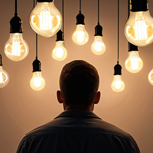 Home 14 ** A person thoughtfully reflecting, surrounded by glowing lightbulbs representing self-awareness, with keywords floating around them: "strengths," "weaknesses," "values," "beliefs." The scene should evoke a sense of introspection and understanding.
**