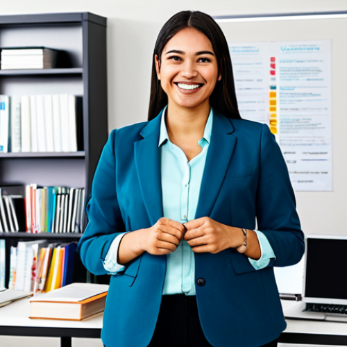 Home 7 Career Growth & Self-Improvement**
A young, fully clothed professional in a modern office setting, smiling confidently. She is surrounded by books, a laptop, and motivational posters. She is wearing a smart casual outfit. The background shows a bright, open workspace. The image emphasizes learning, networking, and achieving goals. Perfect anatomy, correct proportions, natural pose, well-formed hands, proper finger count, natural body proportions. Safe for work, appropriate content, fully clothed, professional, modest, family-friendly.
**