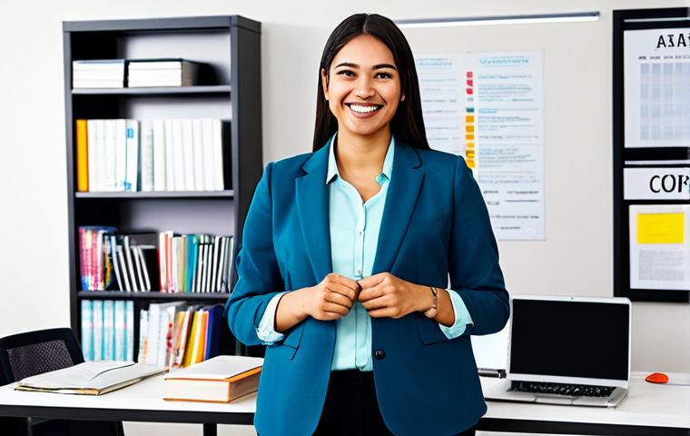 Career Growth & Self-Improvement**
A young, fully clothed professional in a modern office setting, smiling confidently. She is surrounded by books, a laptop, and motivational posters. She is wearing a smart casual outfit. The background shows a bright, open workspace. The image emphasizes learning, networking, and achieving goals. Perfect anatomy, correct proportions, natural pose, well-formed hands, proper finger count, natural body proportions. Safe for work, appropriate content, fully clothed, professional, modest, family-friendly.
**