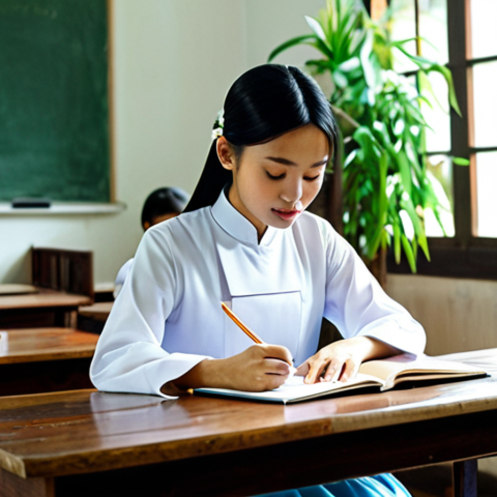 **
"A Vietnamese student wearing a traditional Ao Dai, studying at a wooden desk in a sunlit classroom filled with plants, fully clothed, modest attire, safe for work, perfect anatomy, natural proportions, family-friendly, professional photograph, soft lighting, vibrant colors, serene atmosphere, appropriate content, high quality."
**
