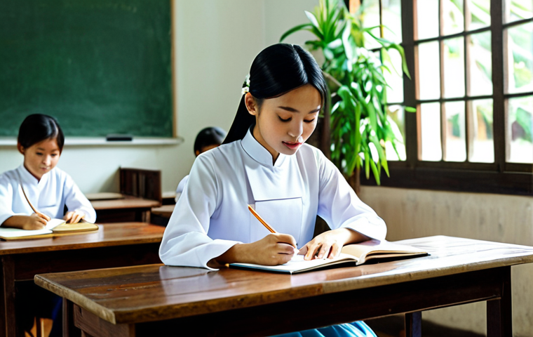 **
"A Vietnamese student wearing a traditional Ao Dai, studying at a wooden desk in a sunlit classroom filled with plants, fully clothed, modest attire, safe for work, perfect anatomy, natural proportions, family-friendly, professional photograph, soft lighting, vibrant colors, serene atmosphere, appropriate content, high quality."
**