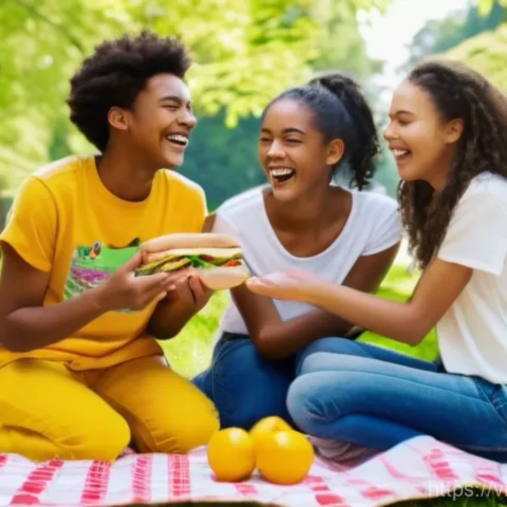 자기 객관화의 사회적 역할 - **Prompt:** A diverse group of four teenagers, aged around 16-17, joyfully sharing a picnic blanket ...