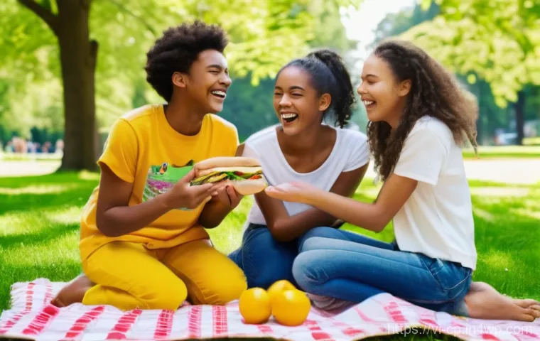 자기 객관화의 사회적 역할 - **Prompt:** A diverse group of four teenagers, aged around 16-17, joyfully sharing a picnic blanket ...