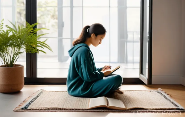 자기 객관화 능력 개발을 위한 지원 체계 - **Prompt 1: Serene Self-Reflection and Journaling**
A young adult, wearing comfortable yet modes...