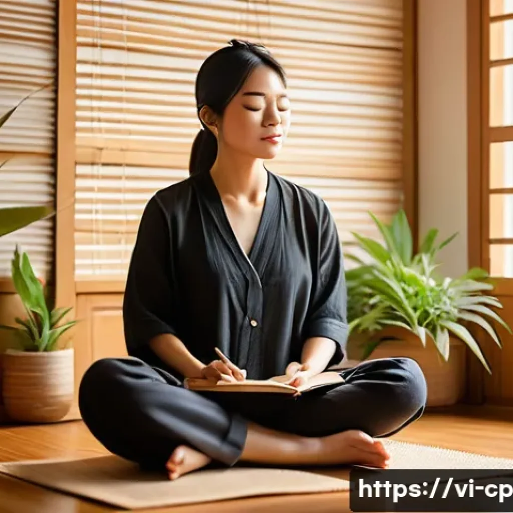 자기 객관화와 개인적 변화의 과정 - A serene Vietnamese woman sitting cross-legged on a traditional wooden floor in a sunlit room, eyes ...