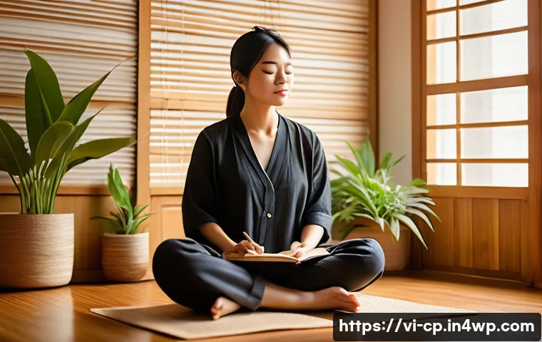 자기 객관화와 개인적 변화의 과정 - A serene Vietnamese woman sitting cross-legged on a traditional wooden floor in a sunlit room, eyes ...