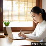 Home 21 자기 객관화를 위한 시간 관리 전략 - A focused Vietnamese young professional woman sitting at a modern wooden desk in a cozy, well-lit ho...