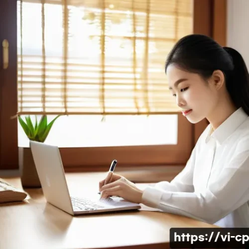 Home 33 자기 객관화를 위한 시간 관리 전략 - A focused Vietnamese young professional woman sitting at a modern wooden desk in a cozy, well-lit ho...