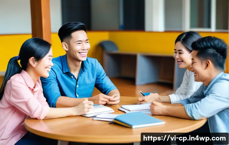 자기 객관화 능력 향상을 위한 그룹 활동 - A diverse group of young Vietnamese adults sitting in a bright, modern community room engaged in a “...