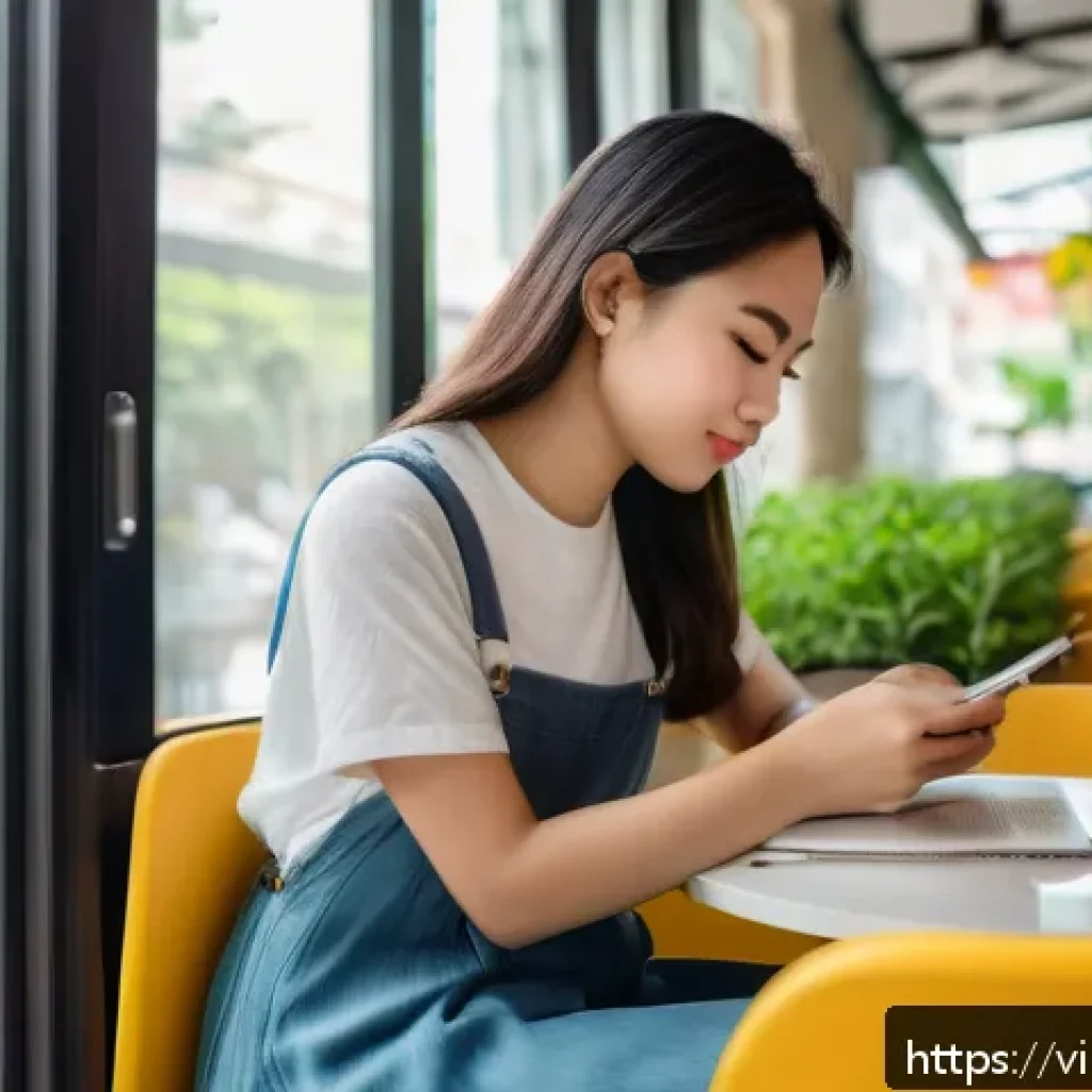 자기 객관화의 발전을 위한 도구 - A young Vietnamese woman sitting comfortably in a modern cafe in Ho Chi Minh City, writing in a digi...