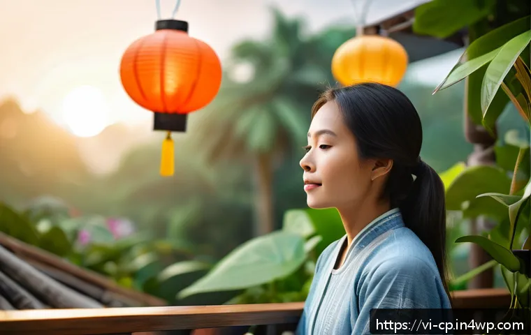 자기 객관화의 편견 극복 기법 - A serene Vietnamese woman practicing mindful breathing and meditation in a peaceful urban balcony ga...