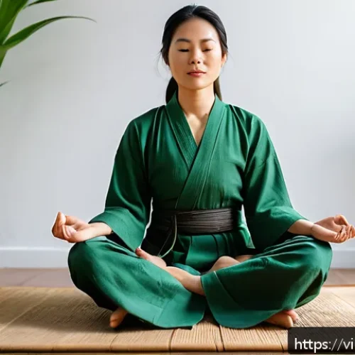Home 17 자기 객관화와 감정 조절의 관계 - A serene Vietnamese woman in her early 30s sitting cross-legged on a traditional woven mat in a brig...
