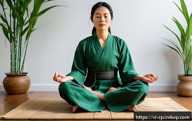 자기 객관화와 감정 조절의 관계 - A serene Vietnamese woman in her early 30s sitting cross-legged on a traditional woven mat in a brig...