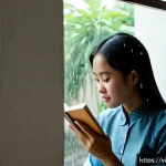 Home 23 자기 객관화와 자아 존중감 - Photorealistic portrait of a young Vietnamese woman seated beside a rain-speckled window in a modest...