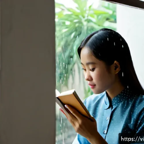 Home 17 자기 객관화와 자아 존중감 - Photorealistic portrait of a young Vietnamese woman seated beside a rain-speckled window in a modest...